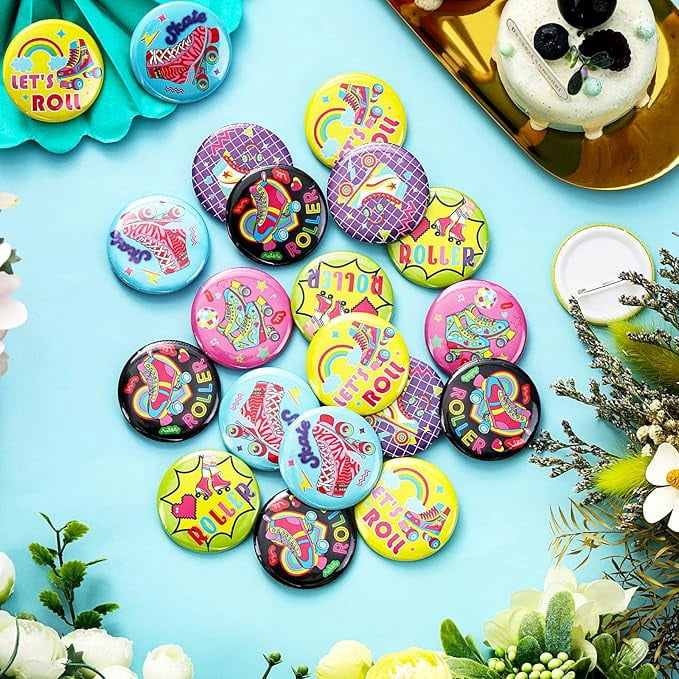 36Pcs Roller Skate Party Favors, Roller Skating Button Pins Bulk for Roller Skating Birthday Party Decorations, Tinplate Badge Pins for Retro 90s Throwback Hip Hop Baby Shower Party Supplies