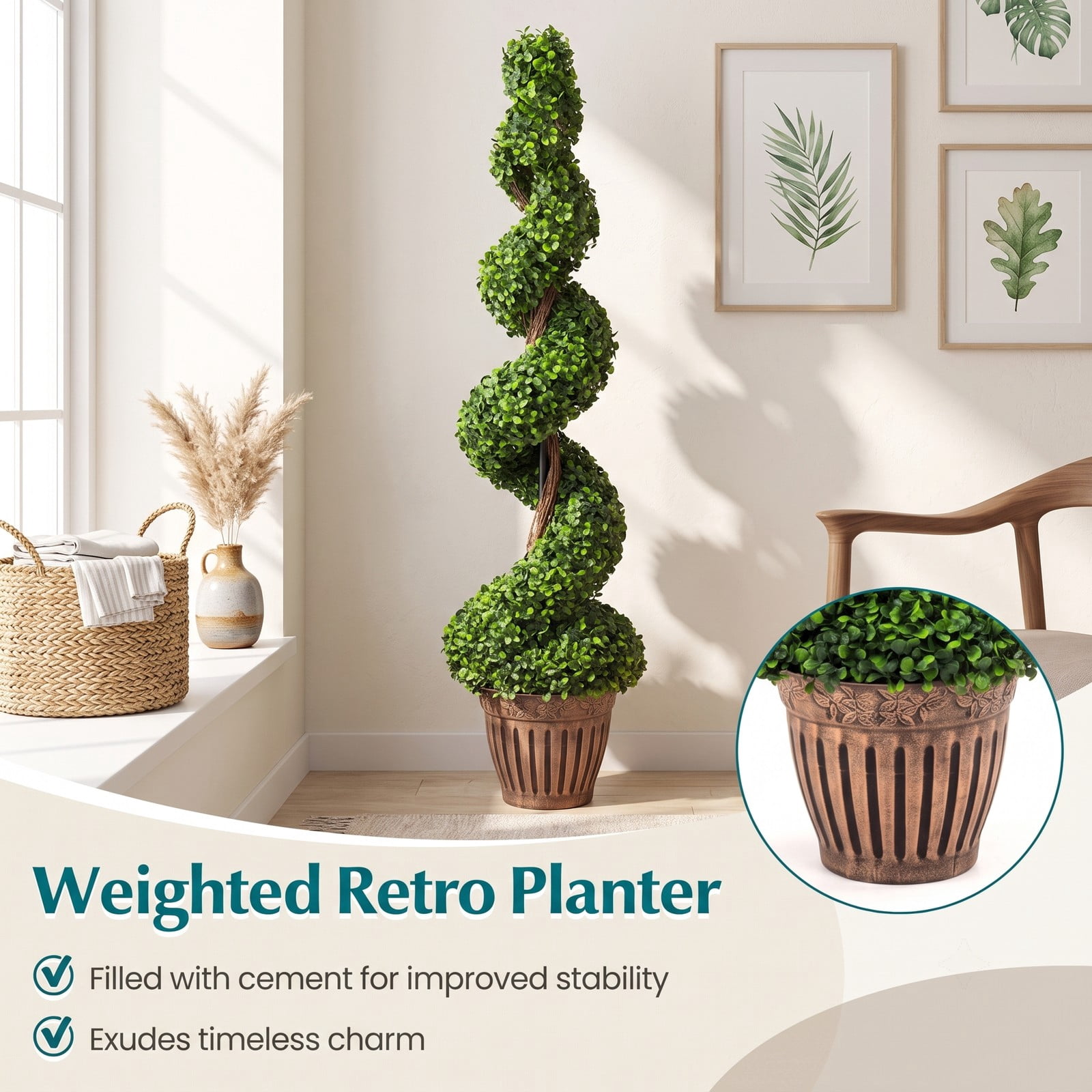 ALPULON 4 Feet Artificial Boxwood Spiral Topiary Tree, 47 Inch Faux Potted Greenery Plant with Cement-Filled Planter for Indoor Outdoor Home Office Porch, Green