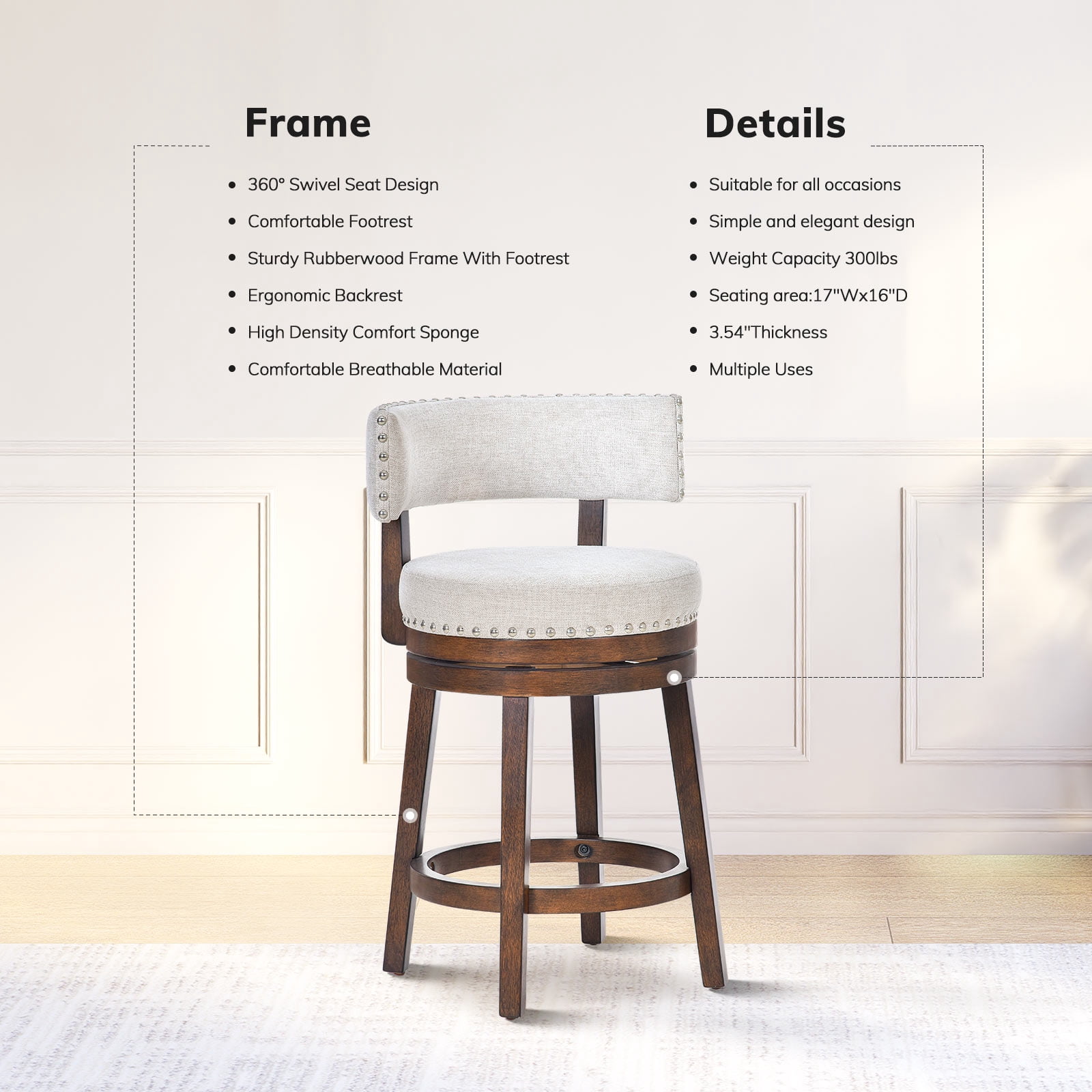 AFO Upholstered Swivel Bar Stool Set of 4 with Back - 24 Inch Counter Height Chair for Kitchen Island, Beige