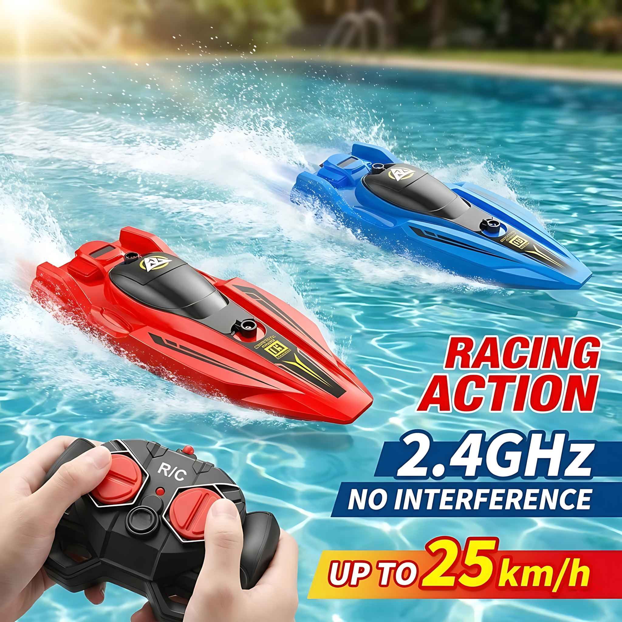 Tigozz 2-Pack RC Boats for Kids Adults, 25km/h High Speed Remote Control Boat for Pools Lakes, 2.4GHz Racing Speedboat with LED Lights, Red & Blue