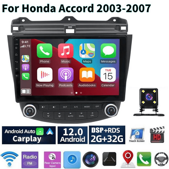 WOLFWO Car Radio Stereo for Honda Accord 2003-2007, Wireless Carplay/Android Auto 10.1" Touchscreen Autoradio, Support WiFi GPS Navigation Backup Camera SWC FM/RDS Radio 2G 32G