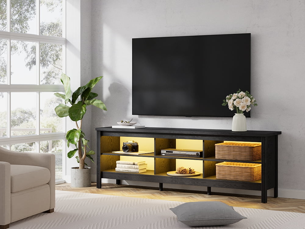 Classic TV Stand for 75 Inch Flat Screen with 16 Color LED, Wood Entertainment Center for Living Room, TV Media Console with Storage, Black, 70 Inch