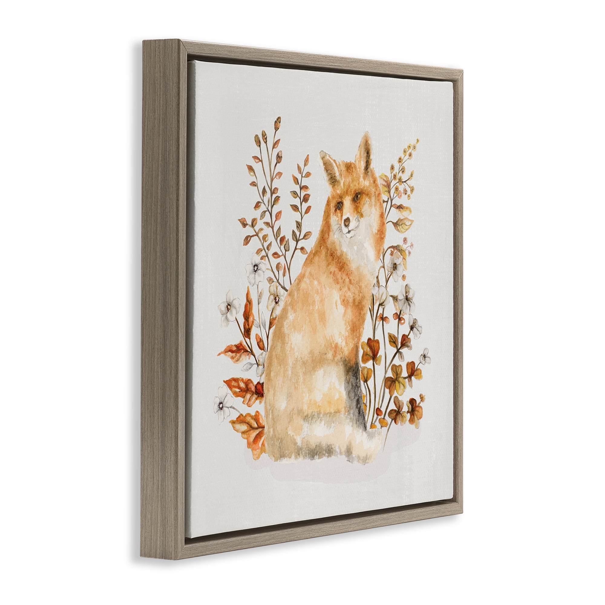 Stupell Industries Rustic Fox & Botanicals Animals & Insects Painting Brown Floater Framed Canvas Art Print Wall Art, 18 x 18