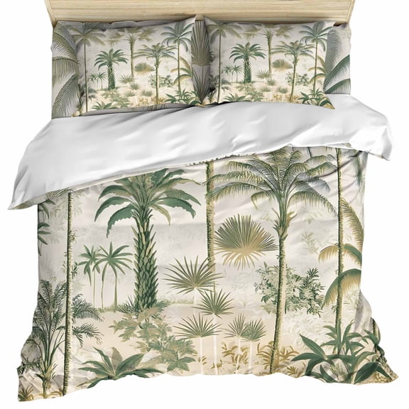 Palm Tree Duvet Cover Set, Sage Green Tropical Nature Plant Watercolor Soft Duvet Cover Queen Size Bedding Set 4 Pieces, 1 Quiltcover and 2 Pillowcases with Zipper, 1 Bed Sheet for All Seasons