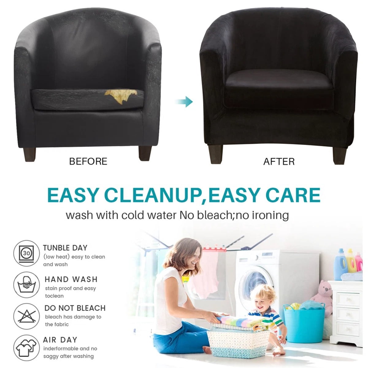 Eurhowing Stretchable Tub Chair Slipcover, 2-Piece Velvet Soft Armchair Cover with Cushion Cover, Elastic Fit Club Chair Sofa Couch Slipcover, 2-Pack, Black