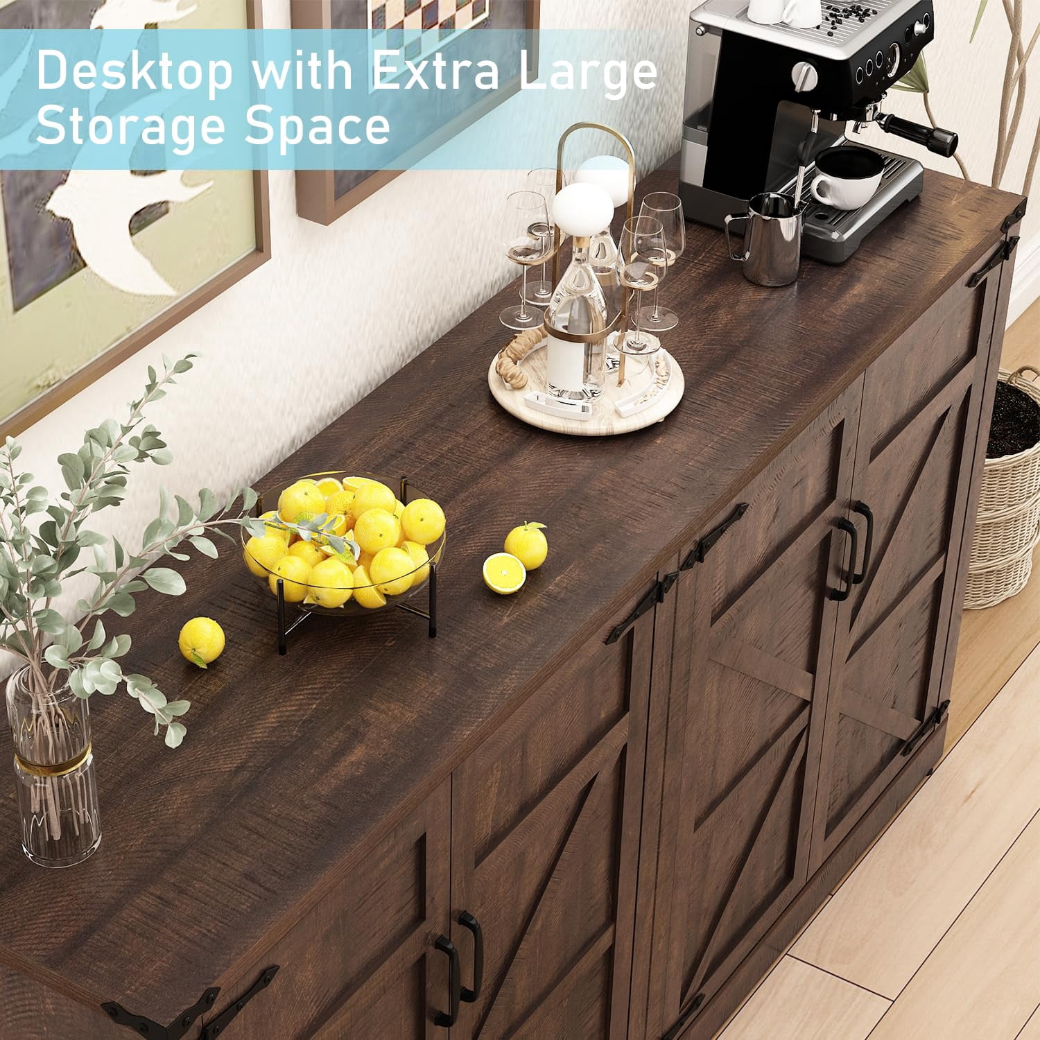ChVans 65" Farmhouse Kitchen Buffet Cabinet with 4 Barn Doors, 34" Tall Wood Sideboard Credenza with Storage and Adjustable Shelves for Kitchen, Dining Room, Living Room, Brown