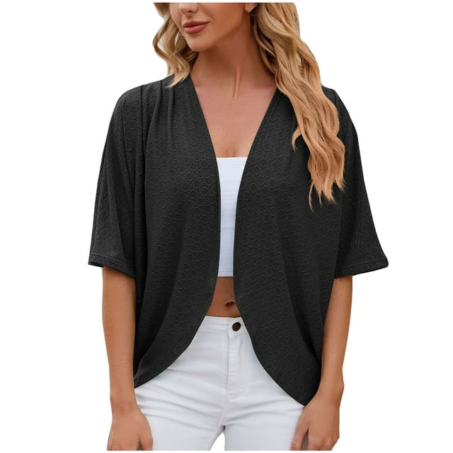 Penkiiy Cardigans Légers Décontractés pour Femmes, Cardigan à Manches Courtes Ouvert, Couverture d'Été, Noir