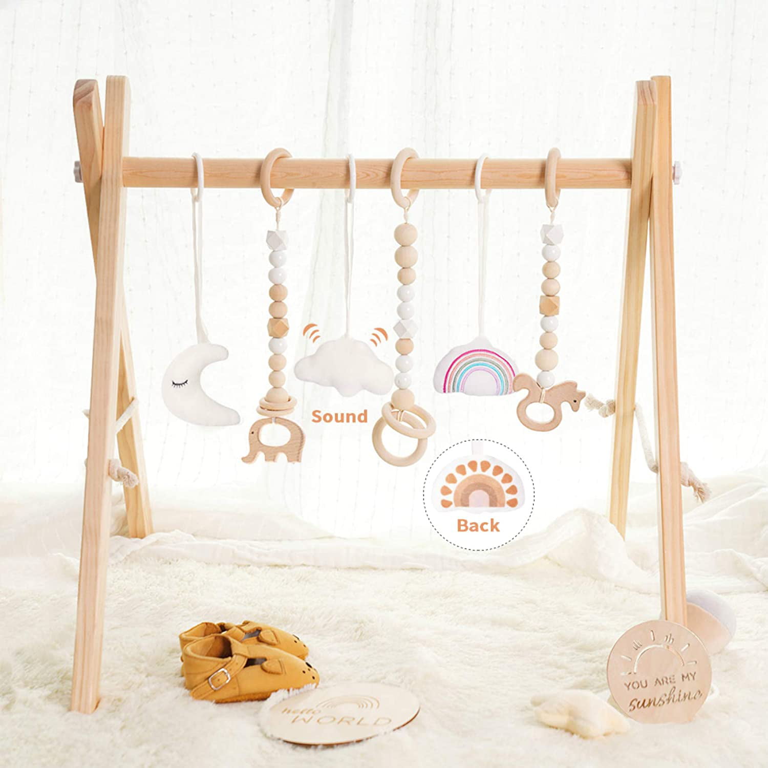 HAN-MM Wooden Play Gym with 3 Gym Toys Foldable Baby Play Gym Frame Activity Center Hanging Bar Newborn Gift Grey 