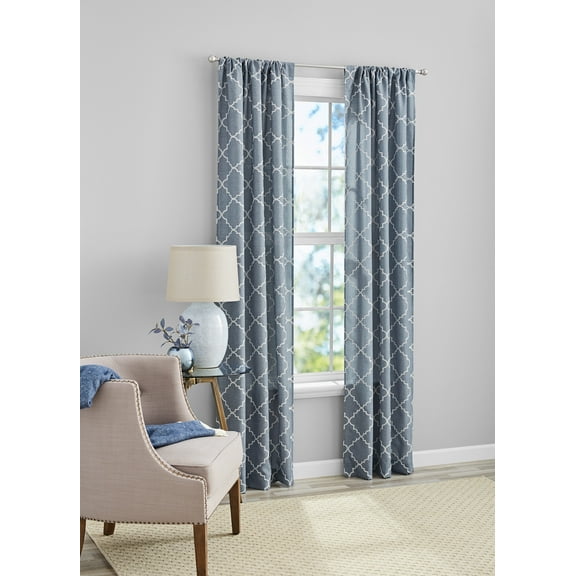 Mainstays Heathered Embroidered Sheer Curtain Panel Pair, Set of 2, Washed Indigo, 37"W x 84"L