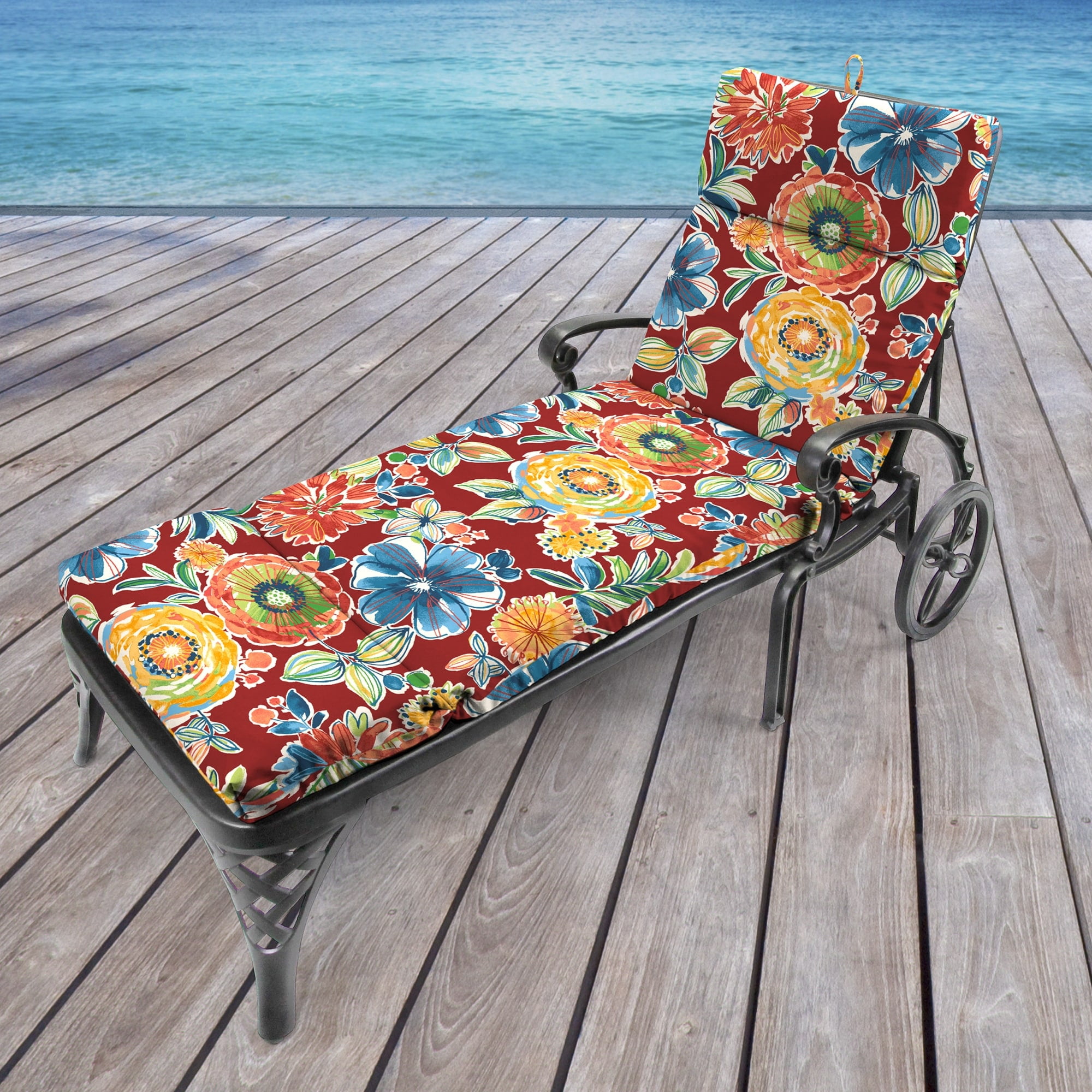 Jordan Manufacturing 72 x 22 Red Floral Outdoor Chaise Lounge Cushion with Ties and Loop Walmart