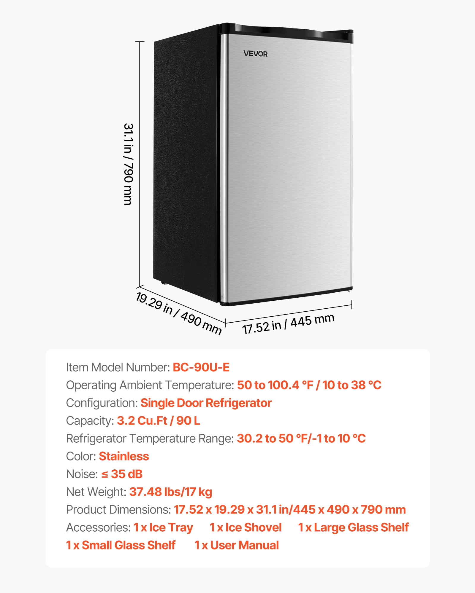 VEVOR Mini Fridge, 3.2 Cu.Ft, Single Door Compact Refrigerator, Adjustable Temperature,Glass Shelf, Energy Efficient Small Refrigerator,Reversible Door, Low Noise,for Bedroom Dorm Office,Stainless