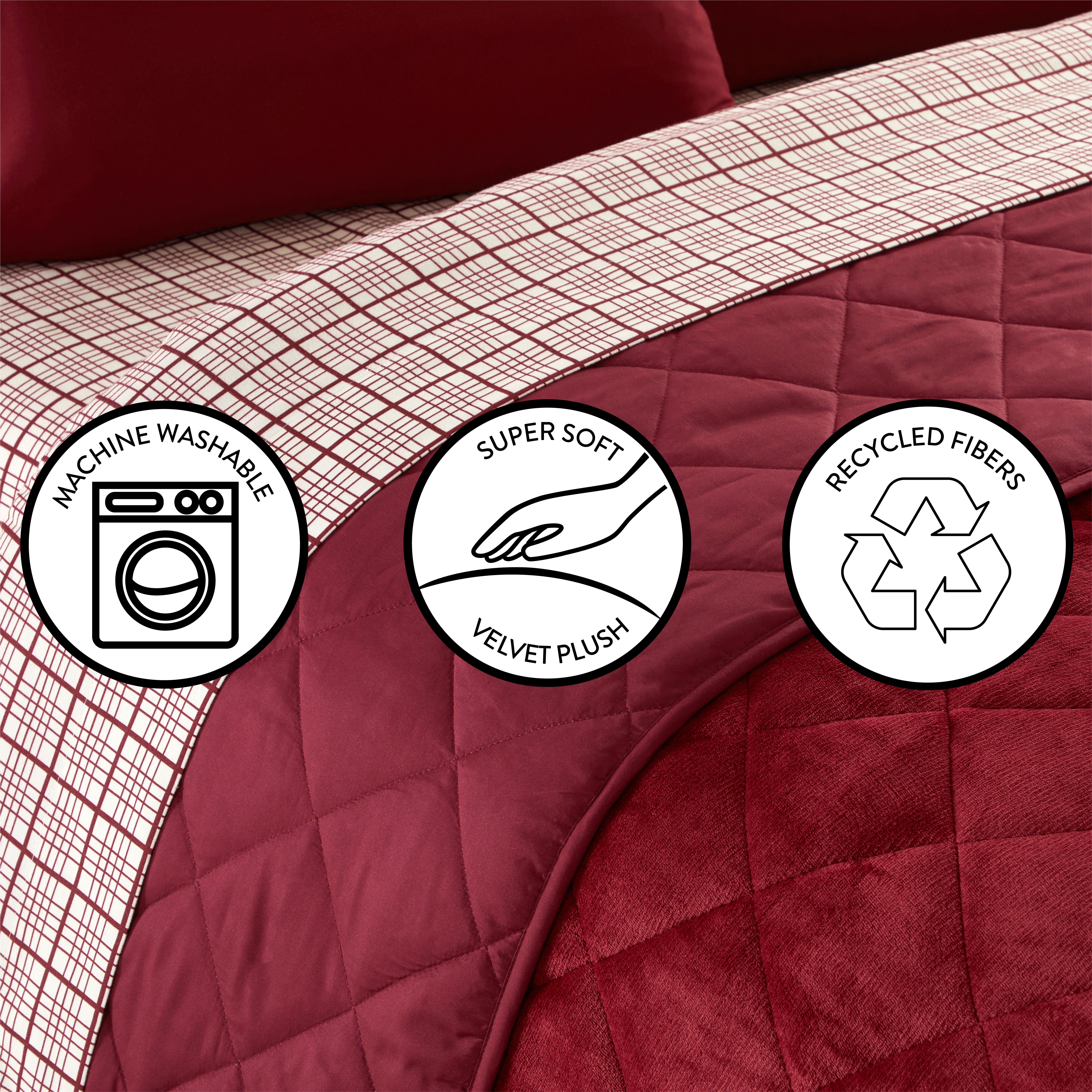 Dearfoams Burgundy Velvet Plush 7 Piece Quilt Bedding Set with Flannel Sheets, Queen