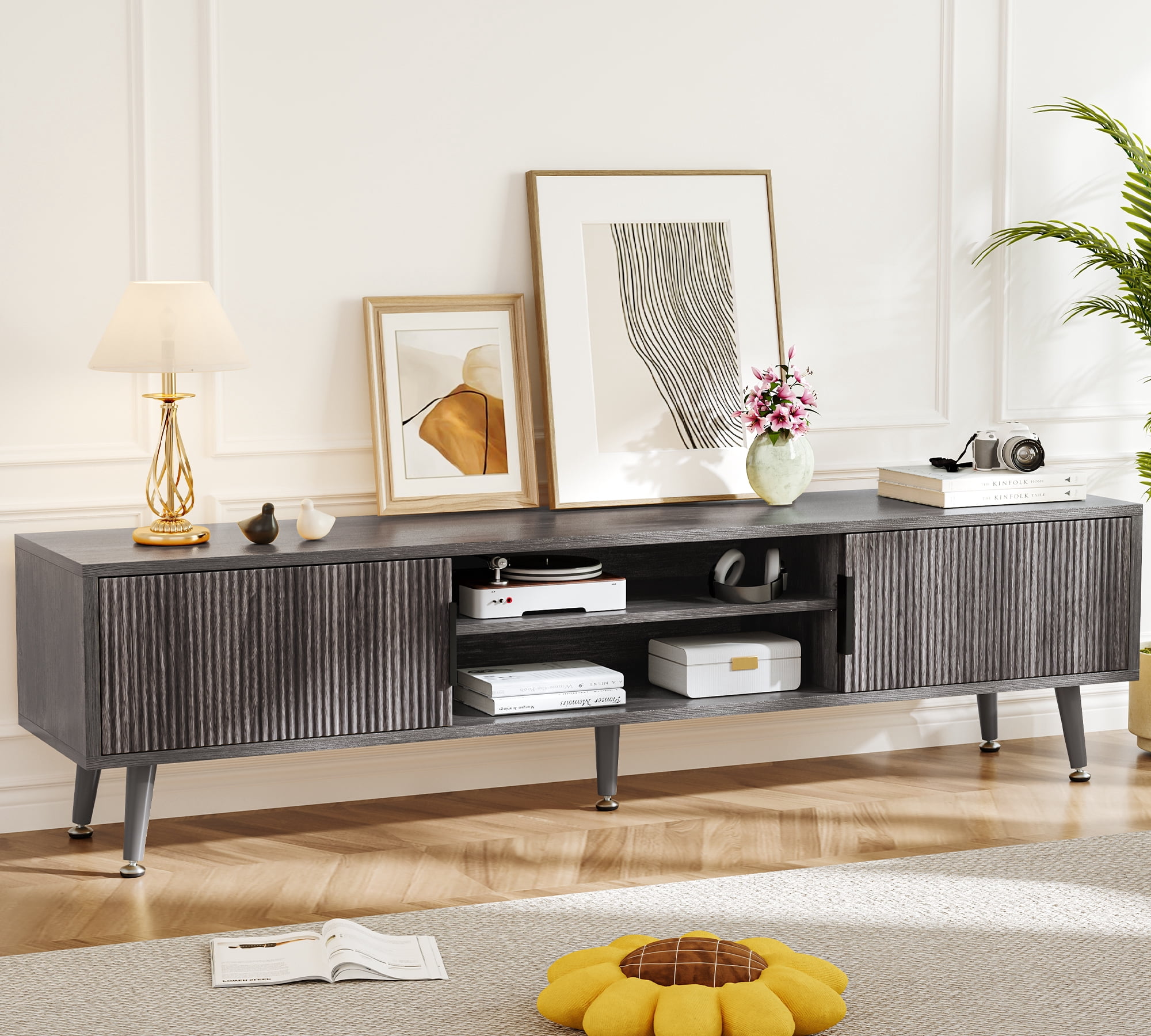 TV Stand for Living Room, Mid Century Modern Entertainment Center for 55/60/65/70 inch TVs, TV Console with Fluted Door Cabinets and Open Shelves, for Bedroom, Living Room, Gray