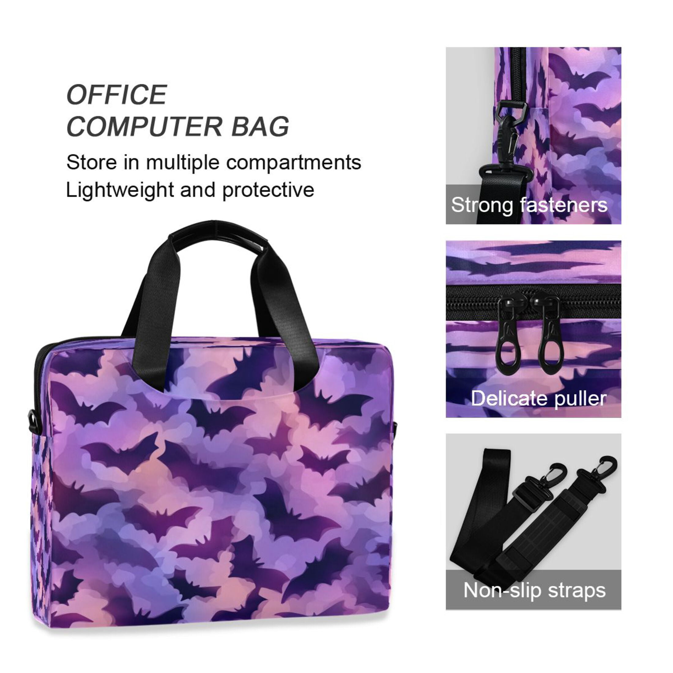 16" Laptop Tote Bag Laptop Sleeve Case Computer Briefcase for Work & Travel Purple Bats Pattern