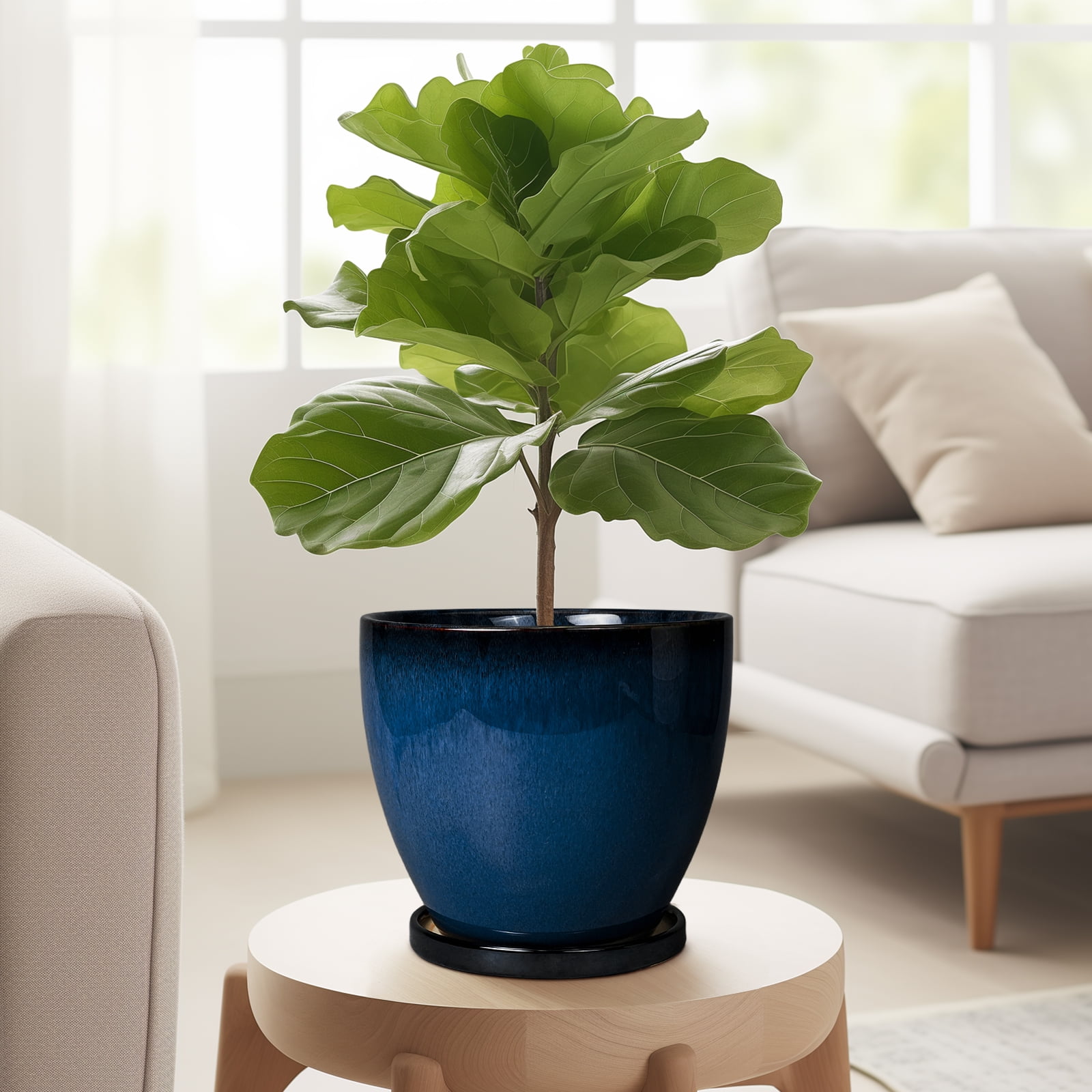 Ordivic 6 inch Blue Ceramic Plant Pots with Drainage Hole & Saucer for Succulents, Herbs & Indoor Outdoor Houseplants