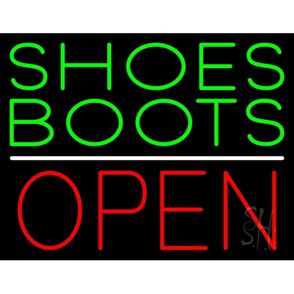 Green Shoes Boots Open LED Neon Sign 15 x 19 - inches, Black Square Cut Acrylic Backing, with Dimmer - Bright and Premium built indoor LED Neon Sign for store interior Décor, Storefront.