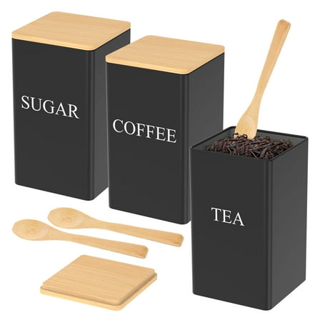 Jokapy Kitchen Canisters for Countertop Set of 3, Airtight Metal Coffee Tea Sugar Container, 34oz, Black