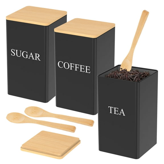 Jokapy Kitchen Canisters for Countertop Set of 3, Airtight Metal Coffee Tea Sugar Container, 34oz, Black