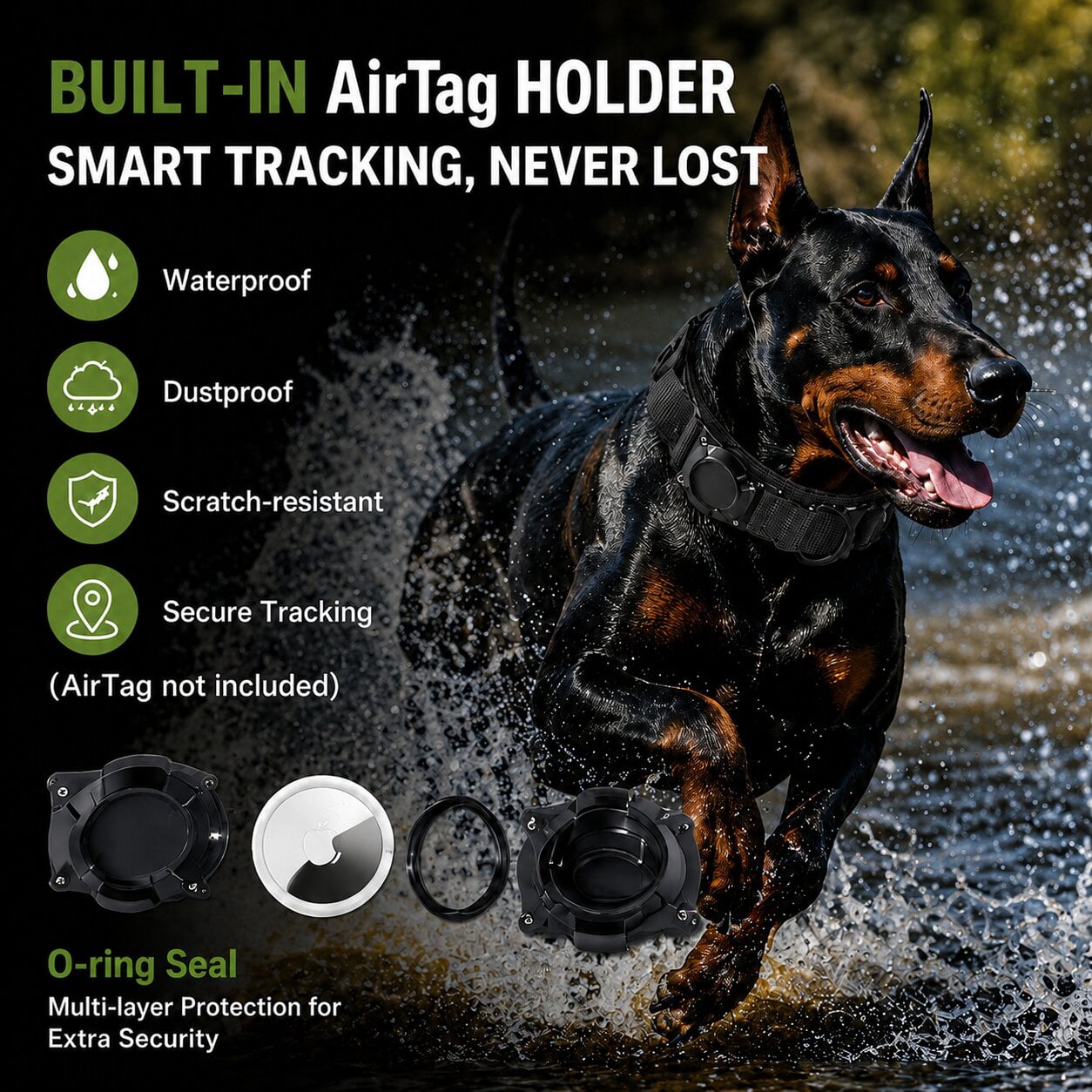 Waterproof AirTag Dog Collar, Military Tactical Collar with AirTag Holder, Comfortable Control Handle & Metal Buckle, GPS Dog Collar Holder for Medium to Large Dogs