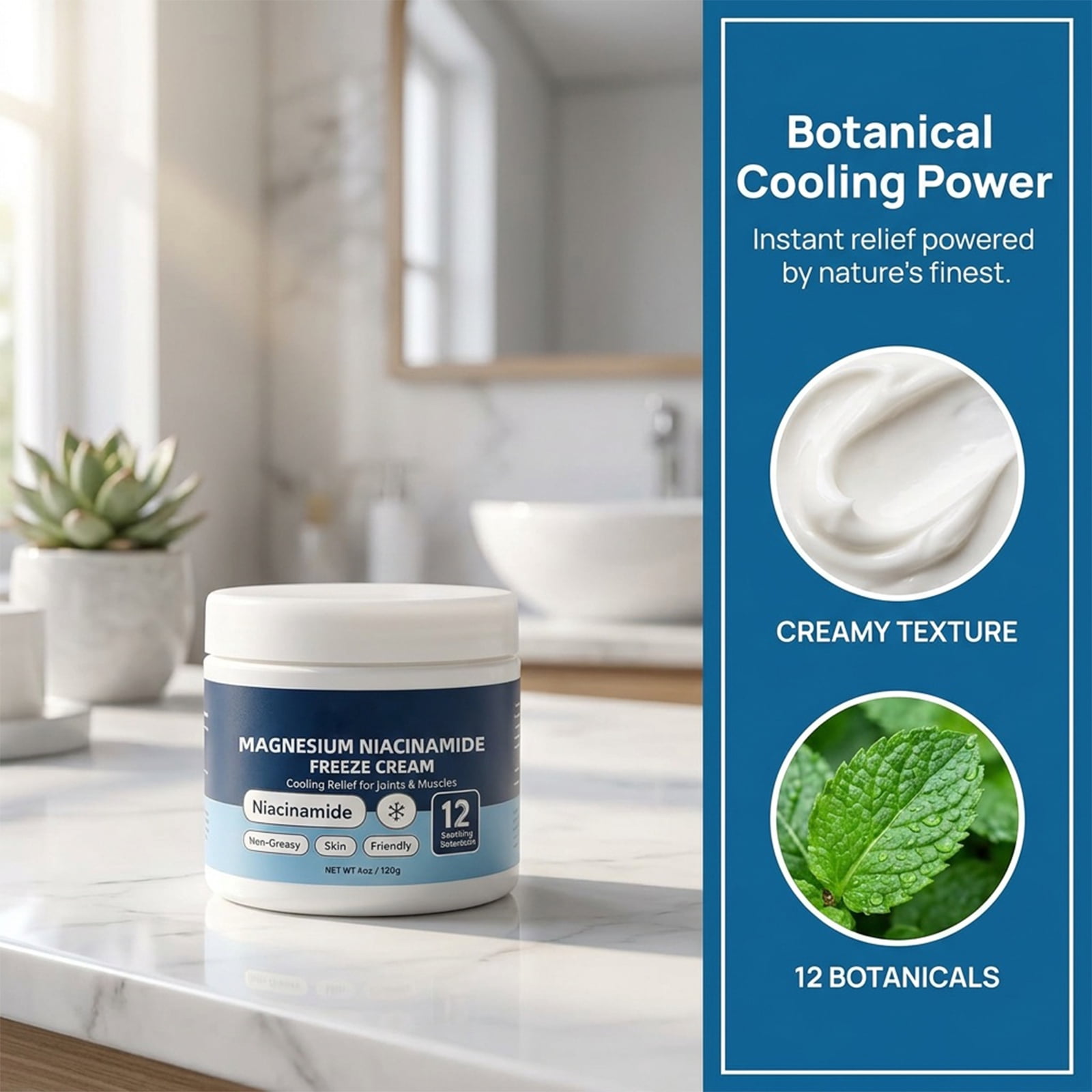 Magnesium Niacinamide Freeze Cream, Cooling Body Cream with 12 Botanicals, Non-Greasy Fast-Absorbing for Legs and Feet