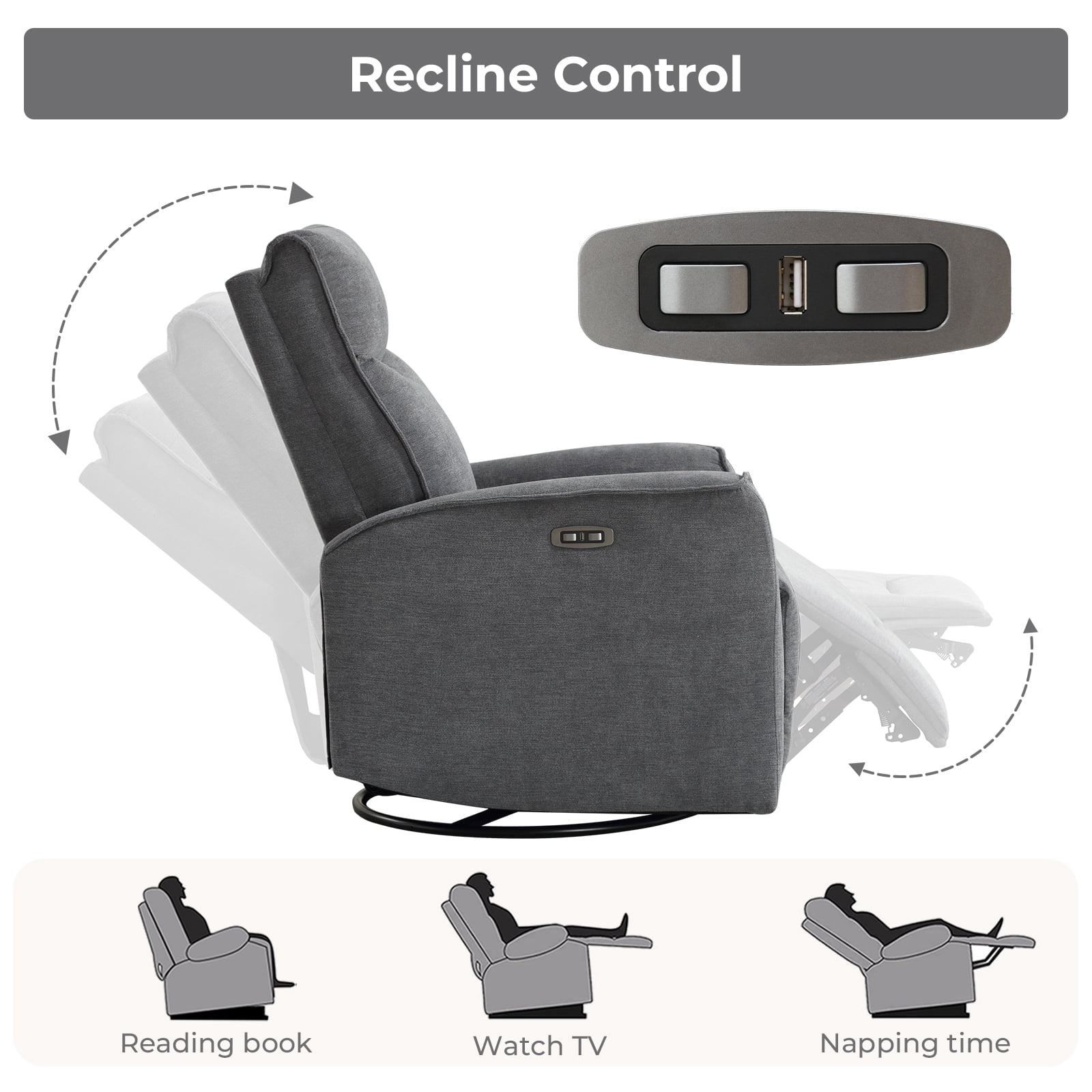 Bonzy Home Electric Recliner Chair Set of 2, 270° Swivel Recliner Fabric Living Room Sofa Chair with USB Ports, Gray