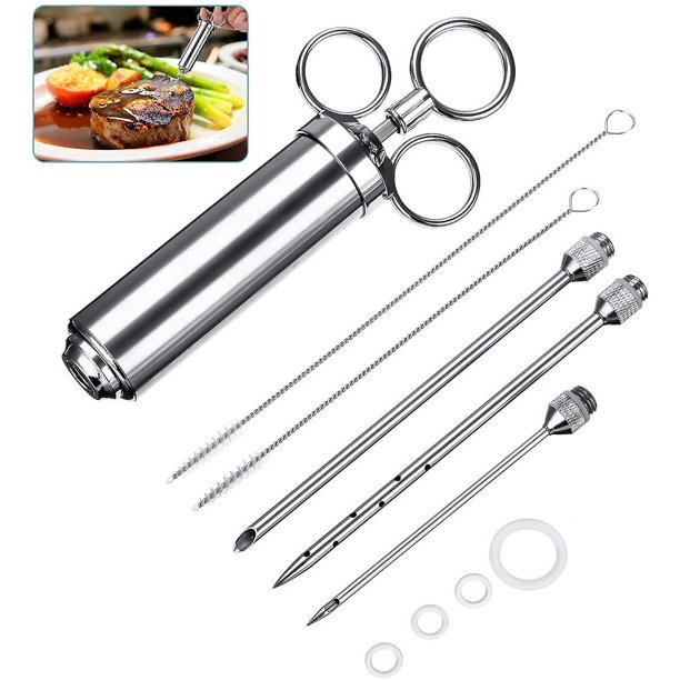 Bbq asar jeringa 60ml con 3 agujas, jeringa marinada hecha de acero inoxidable 304, cepillo de limpieza de parrilla de especias, aparato de cocina para carne chic Afortunado Sencillez