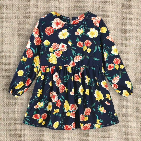 XIMIN Teens Girls Long Sleeve Casual Dress Kids Girls Floral Print Ruched Dress Vintage Retro Princess A-Line Frock Skirt Fashion Outdoor Travel Spring and Summer