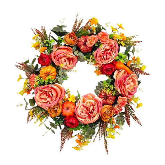TIELUTT Fall Wreaths for Front Door Autumn Wreath with Pumpkin Rose Berry Branchesm Mixed Lighted Fall Wreath Fireplace Wreaths Year round Live Christmas Front Door Wreath Pomegranate Wreath
