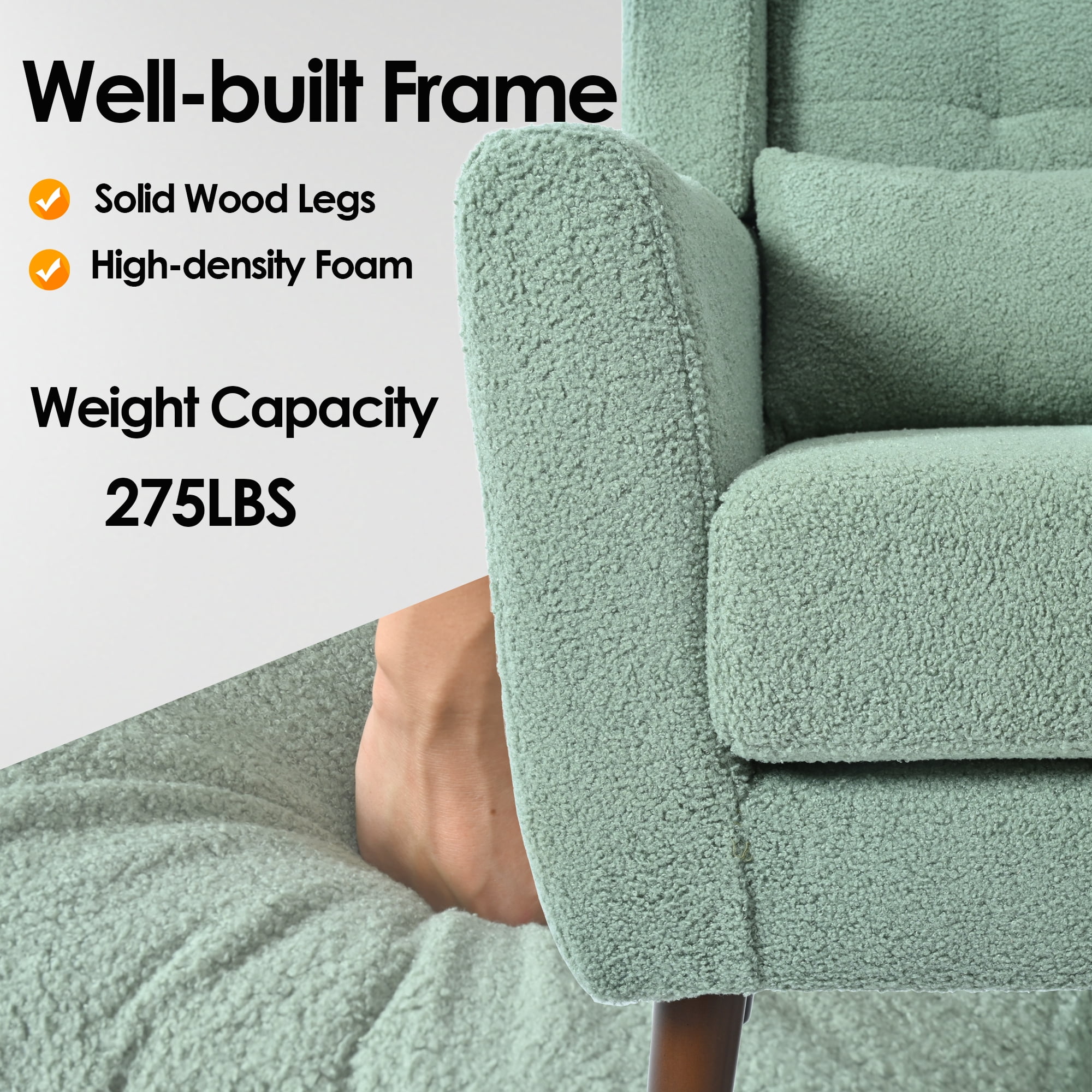 Leumius Modern Accent Chair with Solid Wood Leg, Teddy Armchair with Pillow, Comfy Soft Padded Lounge Chair for Small Space, Bedroom, Living Room Green