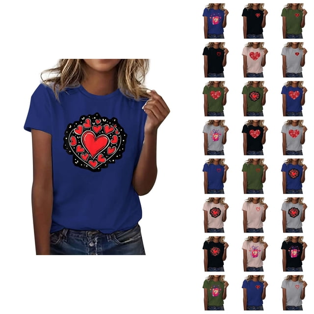 T-shirts de la Saint-Valentin pour Femmes 2026 Mode Manches Courtes Col Rond Cœur Graphique