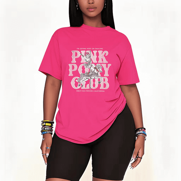 Womens 2 Piece Oversized Lounge Outfit Casual Summer Sets Pink Pony Club Graphic Vintage Funny Printed Crew Neck T-Shirt and Shorts Matching Clothing Set-Pink-4XL