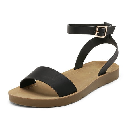 DREAM PAIRS Women's Cute Open Toes One Band Ankle Strap Summer Flat Sandals BLACK/PU ELENA-5 size 11