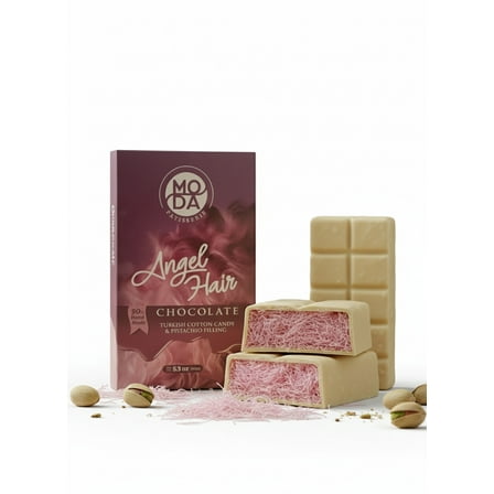 Moda Patisserie Angel Hair Ruby Chocolate with White Chocolate & Pismaniye 5.3 oz (150g) – Handmade Turkish Cotton Candy Floss Dessert, Gourmet Chocolate Gift Box, Mediterranean Sweets