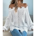 thumbnail image 4 of Women'S Solid Color Openwork Long-Sleeved Sweater, Off-Shoulder Knit Pullover White XL, 4 of 9