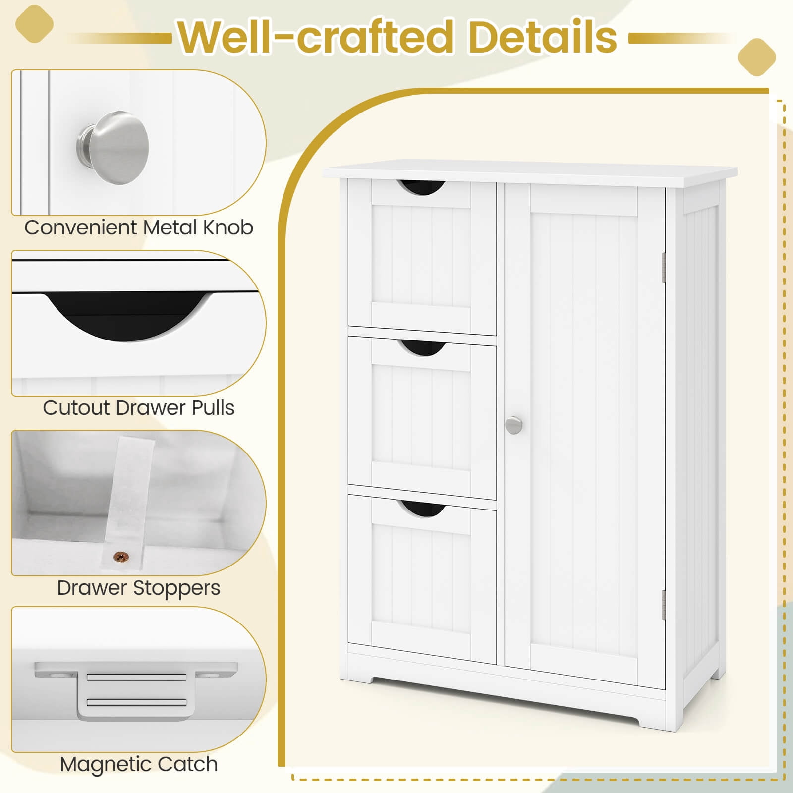Costway Bathroom Floor Cabinet Side Storage Cabinet with 3 Drawers and 1 Cupboard White