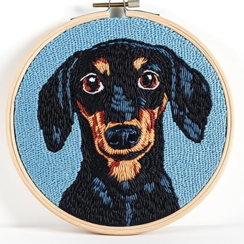Punch Needle kits Cute Black Dachshund Dog Easy for Beginners DIY Punch Needle Yarn Starter Embroidery Set for Craft Lovers with Printed Pattern and Hoop for Home Decor 20x20cm(6)