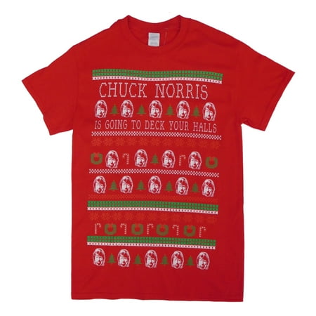 Chuck Norris Mens Red Deck Your Halls Christmas Holiday T-Shirt (Best Chuck Norris Memes)
