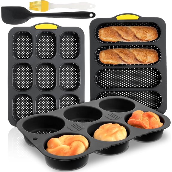 Wekvgz 3 Pcs Silicone Hamburger Bun Mold with Spatula and Brush 4/6/9 Cup Hamburger Bun Pan with Holes for Baking Microwave Safe Black
