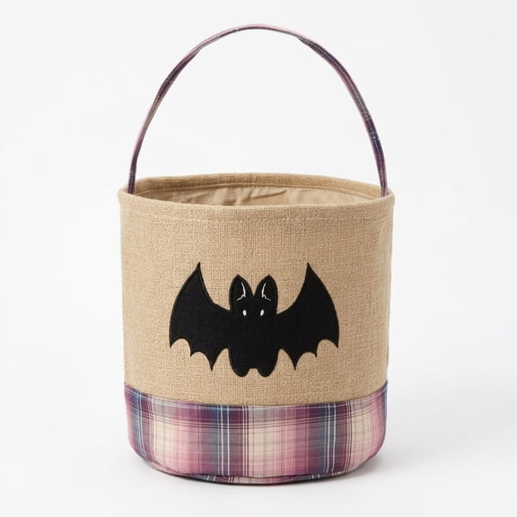 MTIANG Halloween Canvas Candy Basket, Bat Applique Plaid Bottom with Carry Handle for Halloween Party Decor