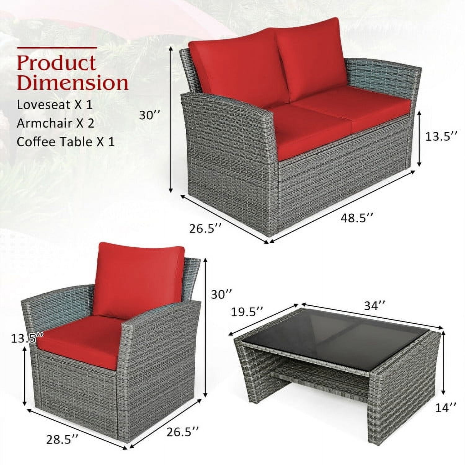 Aimee Lii 4 Pieces Wicker Patio Furniture Set Sofa Table with Storage Shelf Cushion, Modern Patio Furniture, Red Aimee Lii 4 Pieces Wicker Patio Furniture Set Sofa Table with Storage Shelf Cushion, Modern Patio Furniture, Red