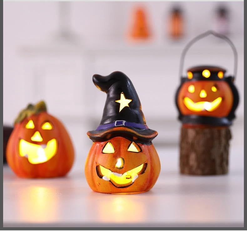 Set of 4 Light Up Ceramic Pumpkin Skull Figurines for Halloween Table Decor