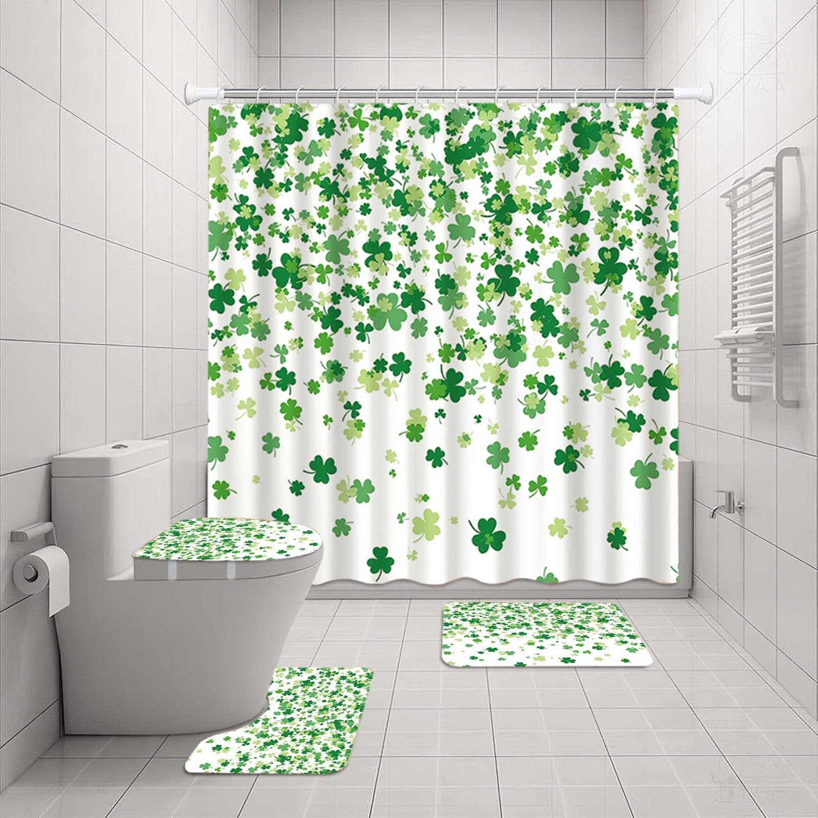St. Patrick's Day Clover Shower Curtains With Toilet MatSet Of 4 Shamrocks Bath Curtains Set Of 4 With 12 Hooks Polyester Waterproof Bathroom Divider Curtain