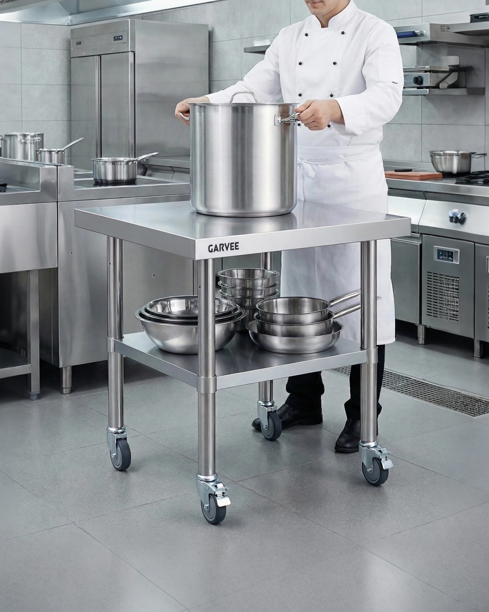 QinaQin Stainless Steel Workbench with Removable Three-Sided Backsplash and Four Locking Wheels, Heavy-Duty Commercial Kitchen Preparation Cart