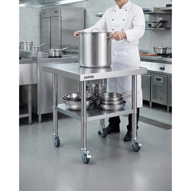 EDTara Commercial Stainless Steel Work Table, Removable 3-Sided Rim, 4 Locking Wheels, Durable Prep Cart for Heavy Duty Kitchen Tasks In Restaurant or Catering Settings