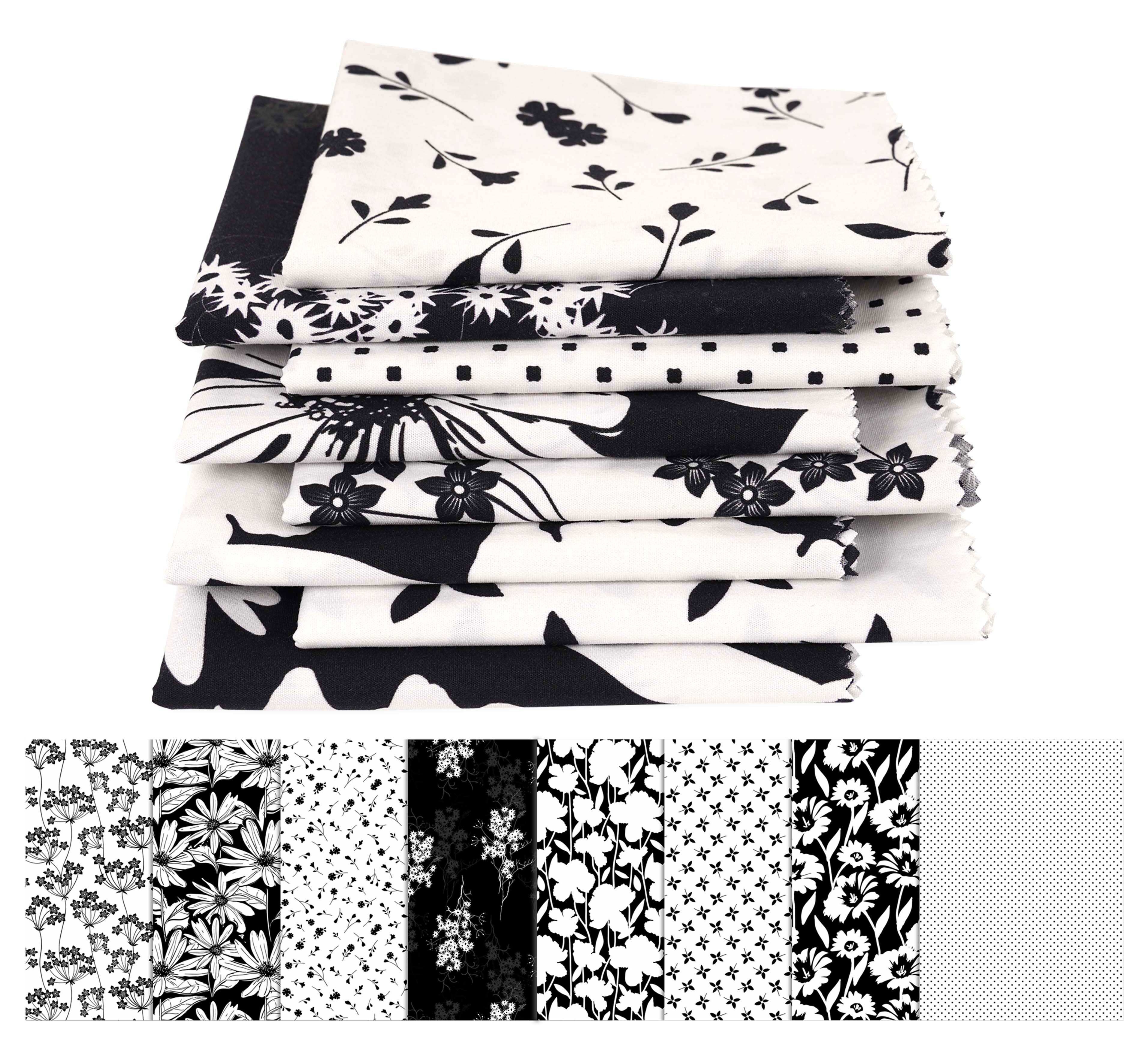 Soimoi 8 Pc Fat Quarter Bundle,FloralsPrint 18x 22DIY Patchwork-100%  CottonPre-Cut Quilting Fabric White & Black 