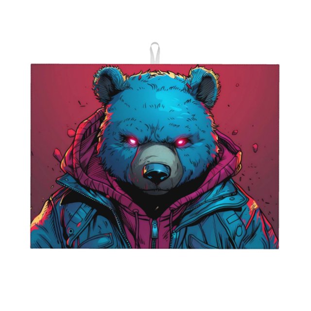 Balery Neon Cyberpunk Blue Bear Alfombrilla de Secado para Cocina, 18x24 Pulgadas, Súper Absorbente para Platos y Encimeras