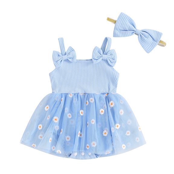 Aojekbee Newborn Girl Outfit, Flower Print Sleeveless Tulle Patchwork Romper Dress with Bow Hairband Summer Clothes