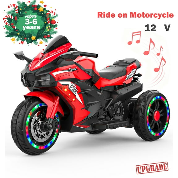 TaTee 12V Kids Motorcycle Electric Motorbike, 3 Wheels Ride on Toy w/LED Lights Bluetooth Music for Kids Age 3 , Red
