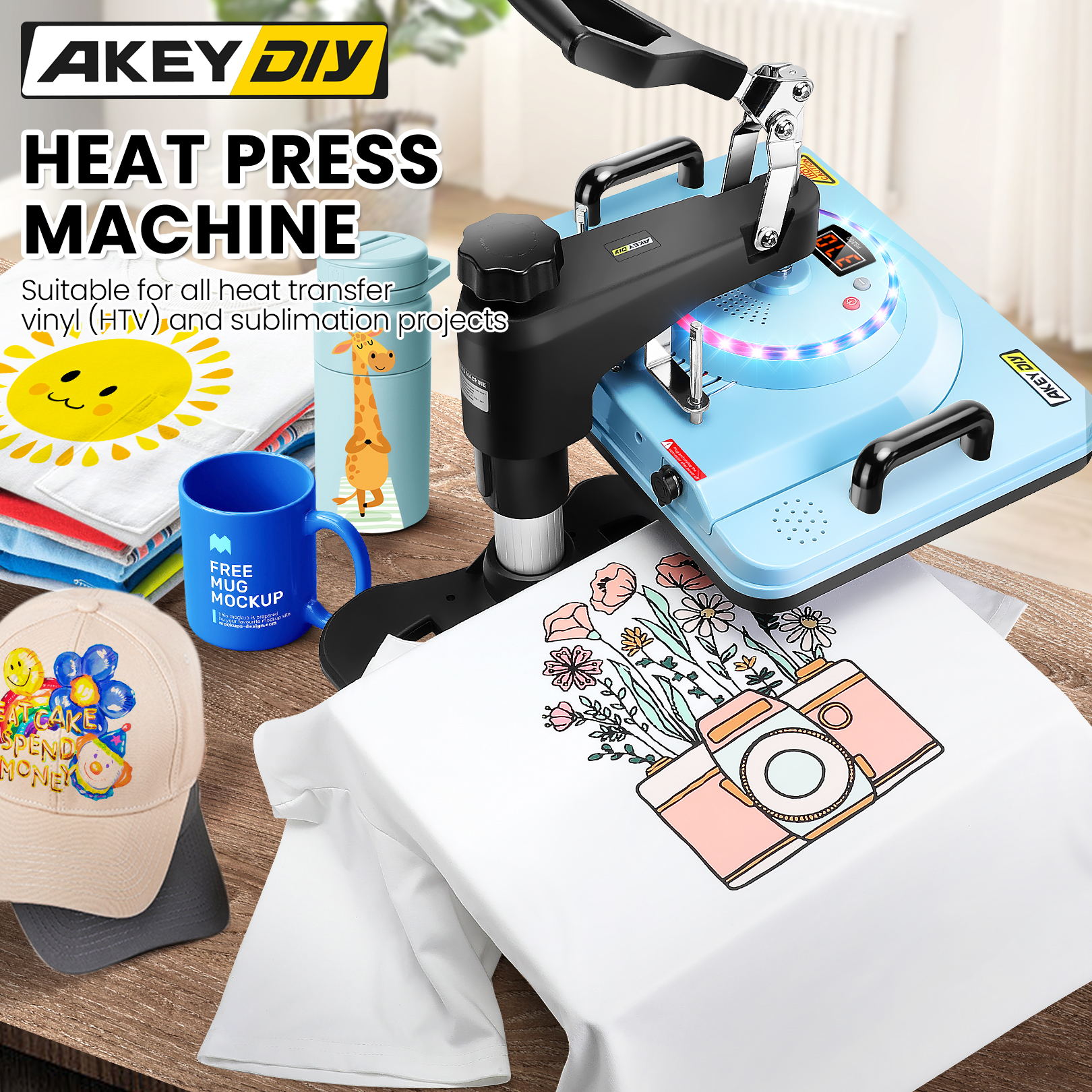 Adnoom 12 x 15 Multifunctional 8 in 1 Heat Press Machine with Double-Tube Heating Design, 360°Swing Away Heat Press with Digital LED Control, Sublimation Vinyl Heat Pressure for T Shirts/Mug/Plate