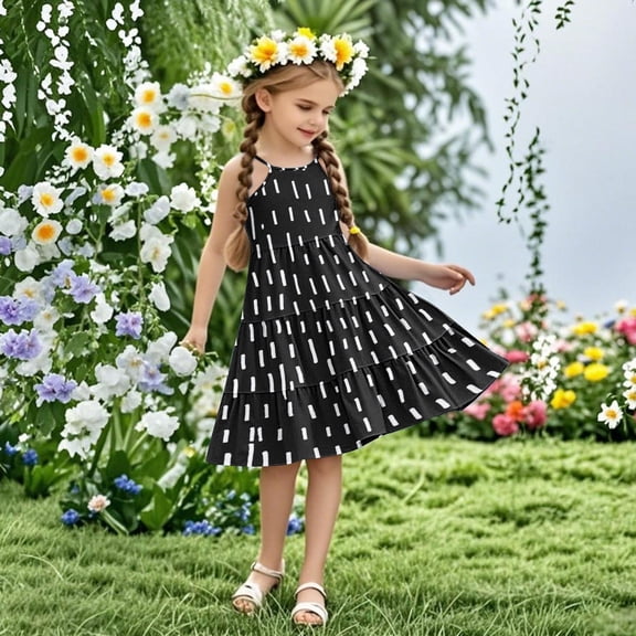 Nmnitkp Girl Dresses Short Sleeve Dresses Boho Summer Cotton Casual Skater Swing Twirly Sundress & Girl Dress Black,7 Years